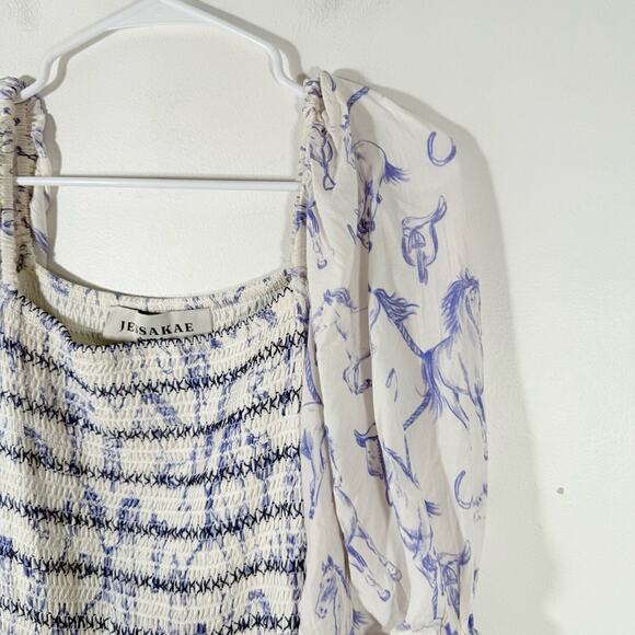 JessKae The Fox Group Quincy Horse Equestrian Midi Smocked Dress Blue Small - Picture 7 of 15